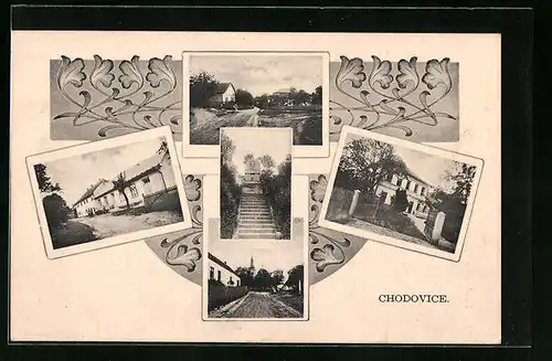 AK Chodovice, Denkmal, Strassen des Ortes, Wohnhäuser