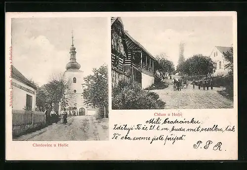 AK Horic, Kirchpartie mit Gasthaus und Bewohnern