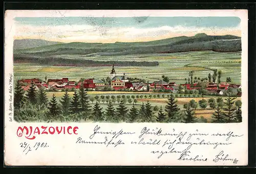 Lithographie Mlazovice, Ortsansicht gegen Berglandschaft