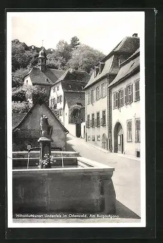 AK Lindenfels im Odenwald, Burgaufgang im Ort mit Brunnen