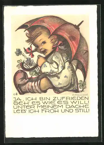 Künstler-AK Hummel: Mädchen unter`m Regenschirm