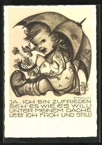 Künstler-AK Hummel: Mädchen mit Regenschirm
