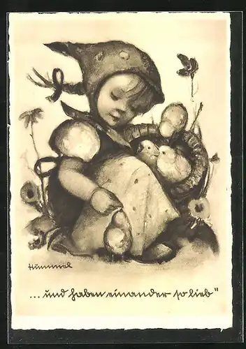 Künstler-AK Hummel: Kleine Bäuerin mit Küken