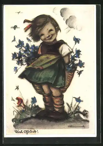 Künstler-AK Hummel: Lächelndes Mädchen mit Blumenkorb