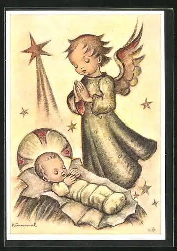 Künstler-AK Hummel: Engel betet für das Jesuskind