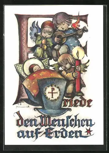 Künstler-AK Hummel: Engel mit Instrumenten an Wiege