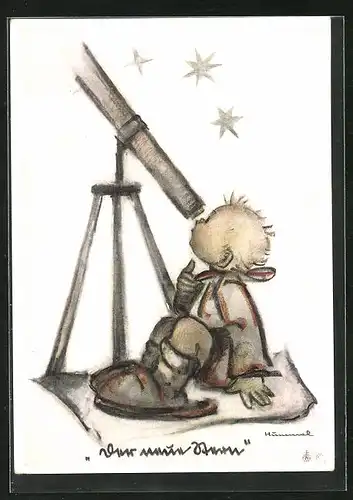 Künstler-AK Hummel: Kleinkind blickt durch Teleskop