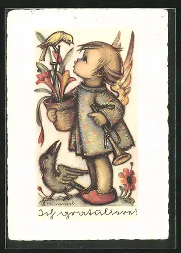 Künstler-AK Hummel: Engel mit Trompete und Blumenvase