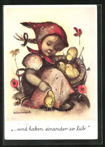 Künstler-AK Hummel: Mädchen mit Küken