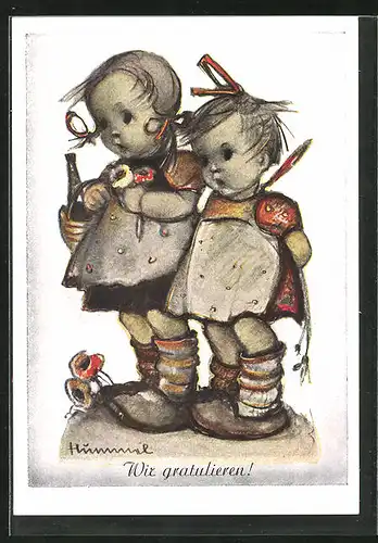 Künstler-AK Hummel: Kleine Mädchen mit Einkaufskorb