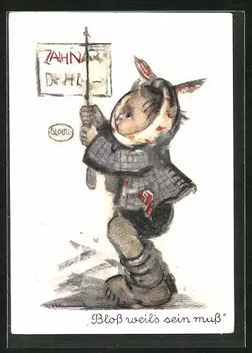 Künstler-AK Hummel: Kind klingelt beim Zahnarzt