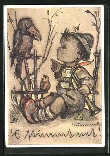 Künstler-AK Hummel: Kleiner Bayer spricht mit Rabe