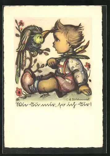 Künstler-AK Hummel: Kind streitet mit Rabe