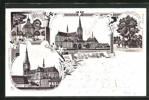 Lithographie Kevelaer, Marienkirche, Kreuzbaum, Geschmückte Gnadenkapelle