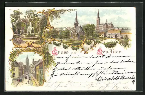 Lithographie Kevelaer, Teilansicht mit Marienkirche, Strassenpartie