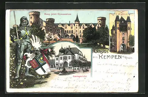 Lithographie Kempen, Burg, jetzt Gymnasium, Kuhtor, Amtsgericht