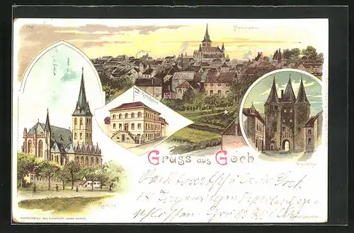 Lithographie Goch, Panorama, Kirche, Steinthor, Rathaus