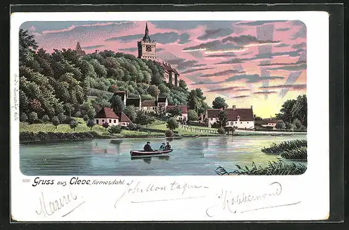 Foto-AK Cleve, Ruderbootpartie bei Dämmerung