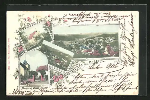 AK Dahle, Totalansicht, Vereinshaus, Kirche und Pfarrhaus