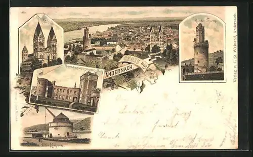 Lithographie Andernach, Dom, Runder Turm, Ruine der kurfürstlichen Burg