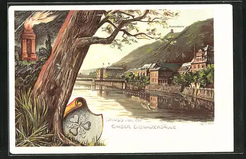 Lithographie Bad Ems, Emser Bismarcksäule mit Baum und Wappen, Feuer