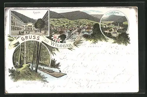 Lithographie Wildbad, Kurplatz, Katholische Kirche, Anlagen Partie mit Floss