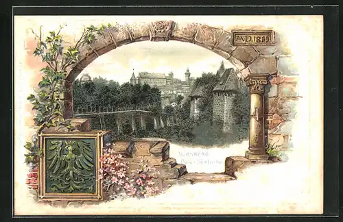 Passepartout-Lithographie Nürnberg, Burg v. Spittlertor, Wappen