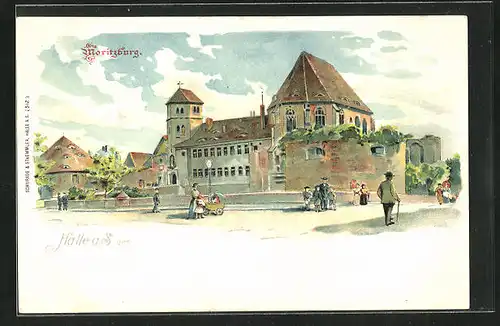 Künstler-AK Halle a. S., Moritzburg und Frau mit Kinderwagen