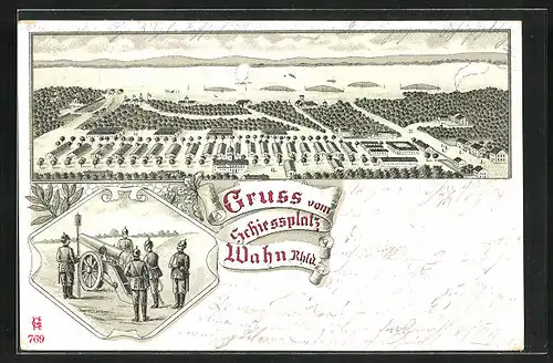 Lithographie Wahn /Rhld., Schiessplatz, Soldaten mit Kanone