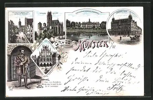 Lithographie Münster i. W., Ludgeri Kriche, Königliches Schloss Parkseite, Rathaus mit Friedenssaal