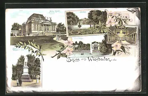 Lithographie Wiesbaden, Kurhaus, Neues Theater, Kaiser Wilhelm Denkmal