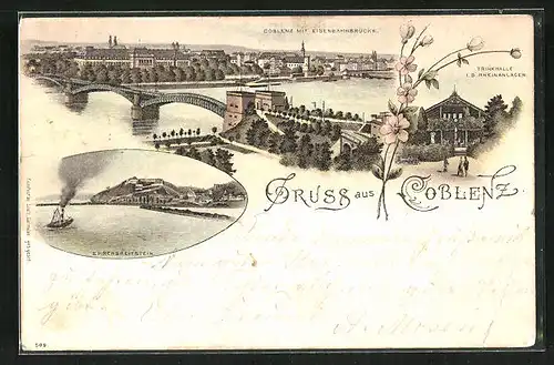Lithographie Koblenz, Teilansicht mit Eisenbahnbrücke, Trinkhalle i. d. Rheinanlagen, Ehrenbreitstein