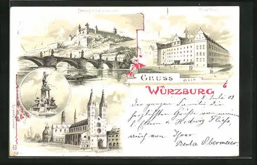 Lithographie Würzburg, Festung mit alter Brücke, Universität, Dom