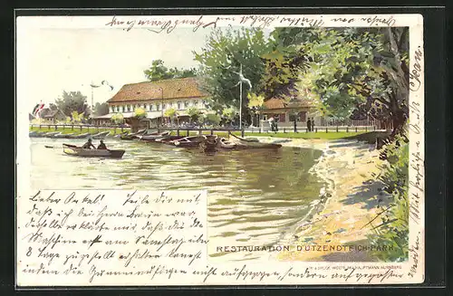 Lithographie Nürnberg, Restaurant Dutzendteich-Park mit Booten