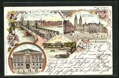 Lithographie Bremen, Meierei im Bürgerwalde, Rathaus mit Dom u. Börse, Tivoli-Theater