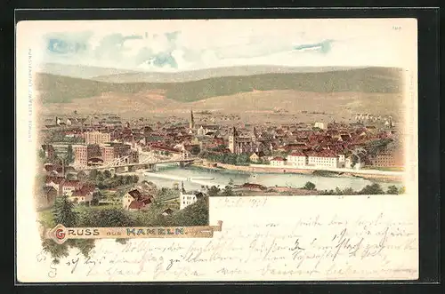 Künstler-AK Hameln, Teilansicht mit Brücke