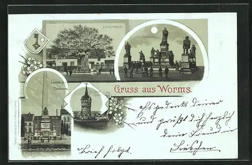 Mondschein-Lithographie Worms, Lutherdenkmal, Lutherbaum, Ludwig-Denkmal