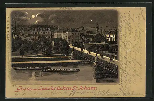 Lithographie Saarbrücken-St. Johann, Uferpartie mit Brücke und Booten bei Mondschein