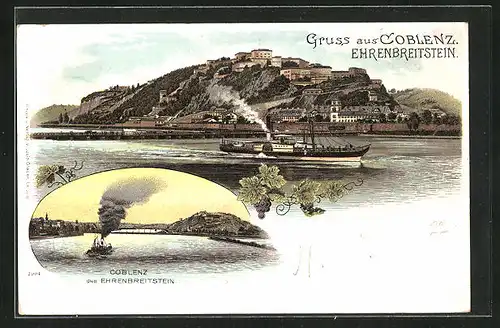 Lithographie Koblenz, Festung Ehrenbreitstein, Teilansicht mit Dampfer