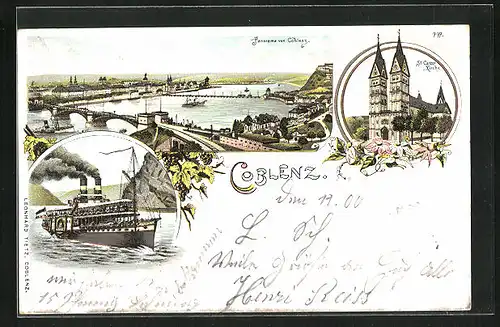 Lithographie Koblenz, Panorama, St. Castor Kirche, Dampfer