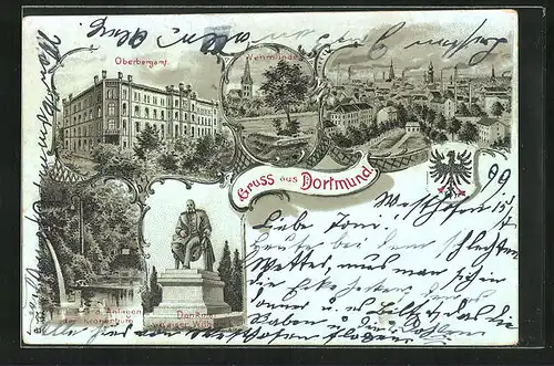 Mondschein-Lithographie Dortmund, Oberbergamt, Vehmlinde, Denkmal Kaiser Wilhelm