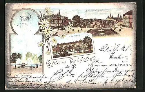 Lithographie Hannover, Schloss Herrenhausen, Herrenhäuser Allee, Grosse Fontaine