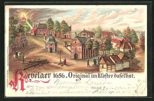 Lithographie Kevelaer, Original im Kloster daselbst 1656, Ortspartie mit Kirche