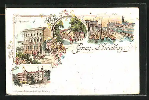 Lithographie Duisburg, Reichsbank, Monning, Hafen