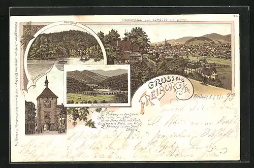 Lithographie Freiburg i. Br., Panorama vom Loretto aus gesehen, Waldsee, Günthersthal