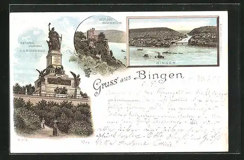 Lithographie Bingen, Teilansicht, Schloss Rheinstein, National-Denkmal a. d. Niederwald