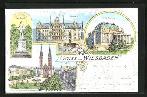 Lithographie Wiesbaden, Rathaus, Königliches Theater, Kaiser Wilhelm-Denkmal