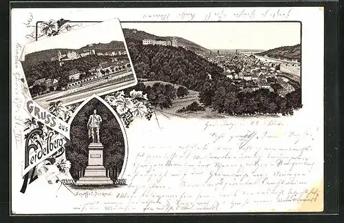 Lithographie Heidelberg, Teilansicht, Ortspartie, Scheffel-Denkmal