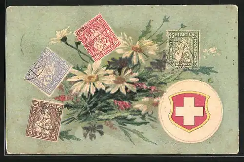 Künstler-AK Helvetia, Briefmarken mit Gänseblumen und Wappen