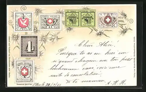 Lithographie Basel, Briefmarken und Alpenblumen